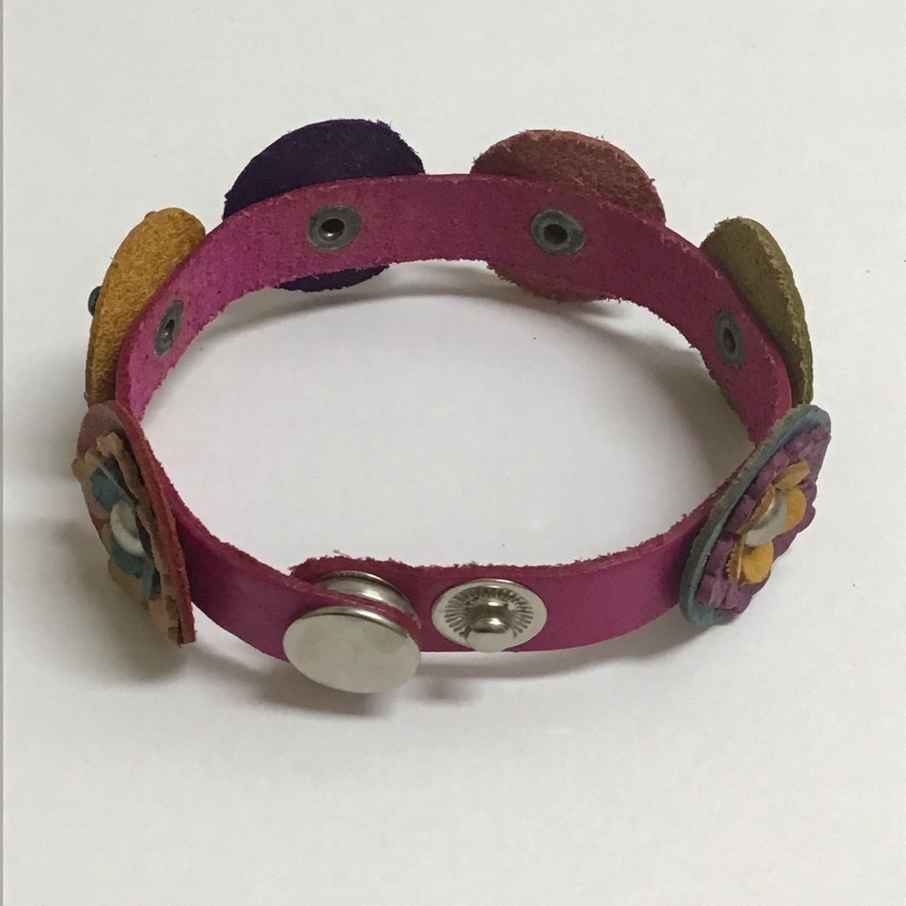 Leather Bracelet Daisy Flower Handmade Mexico 2-Snap Pinkish Band Cowgirl NEW - Picture 5 of 6